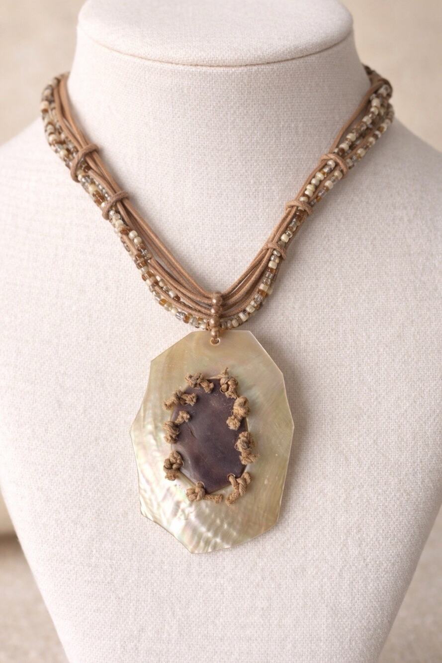 Mother Of Pearl Wooden Beaded Statement Necklace Pendant Beach Boho